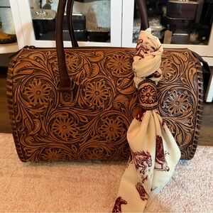 Tooled Floral Brown Leather Satchel with Decorative Scarf - Large Speedy